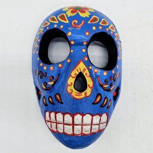 Hand Carved Wood Sugar Skull Mask Halloween Day Of The Dead Folk Art Oddity
